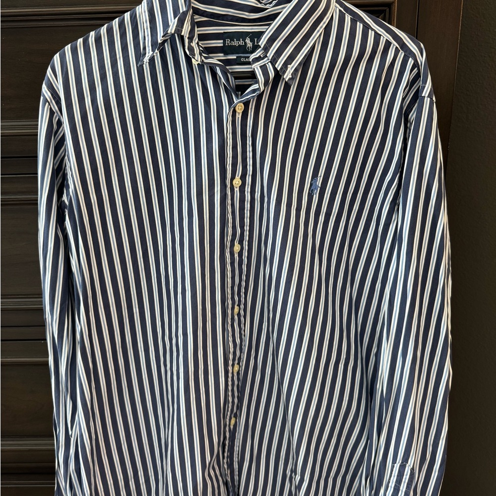 Ralph Lauren Men's Navy and White Striped Shirt